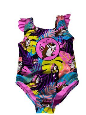 Buc-ees Baby Swimsuit Tropical Print Size 9-12mo. Bow/Ruffles